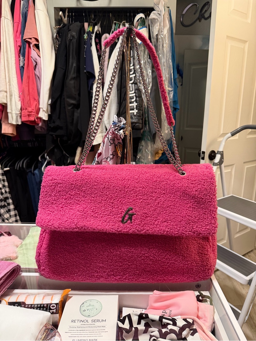 Glamorous Hot Pink Plush Shoulder Bag with Chain Straps